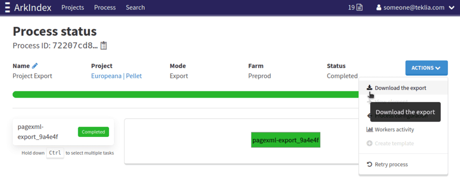 Download the export from the process status page