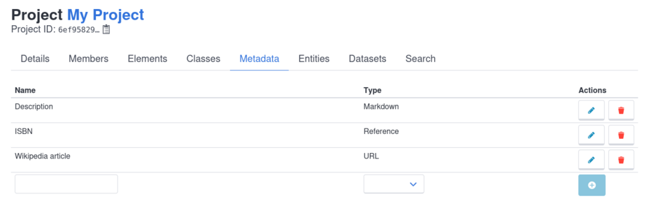 Metadata tab of the project management page