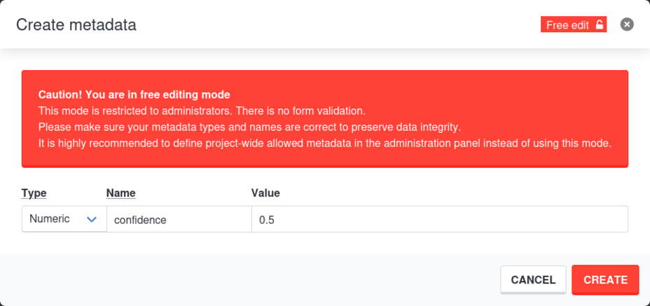 "Create metadata on an element in free edit mode