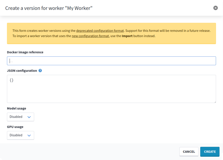 Deprecation warning in the worker version creation modal