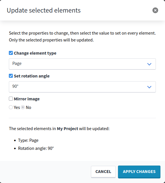 New modal to update selected elements