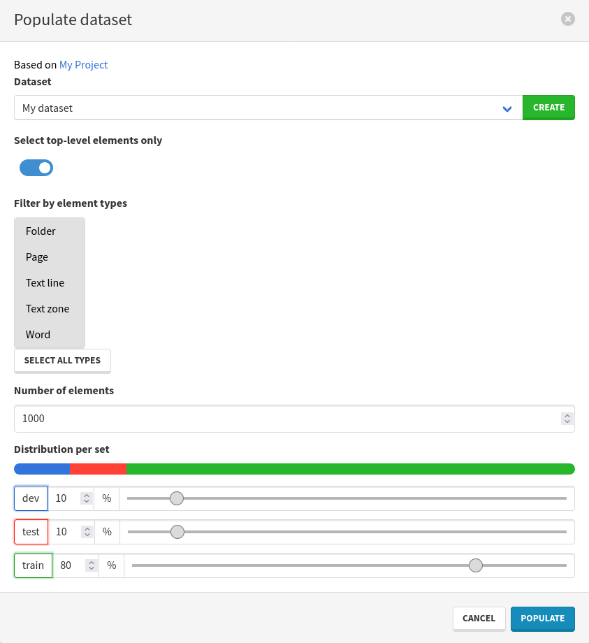 Populate dataset modal