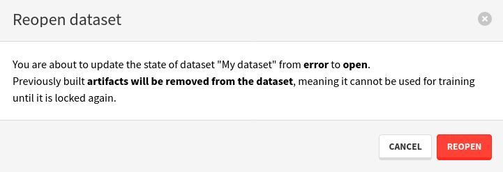 Reopen dataset confirmation modal