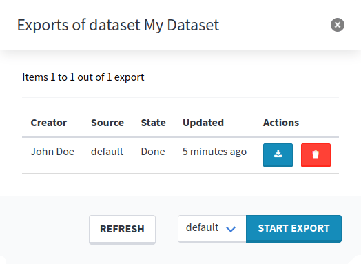 Dataset exports modal
