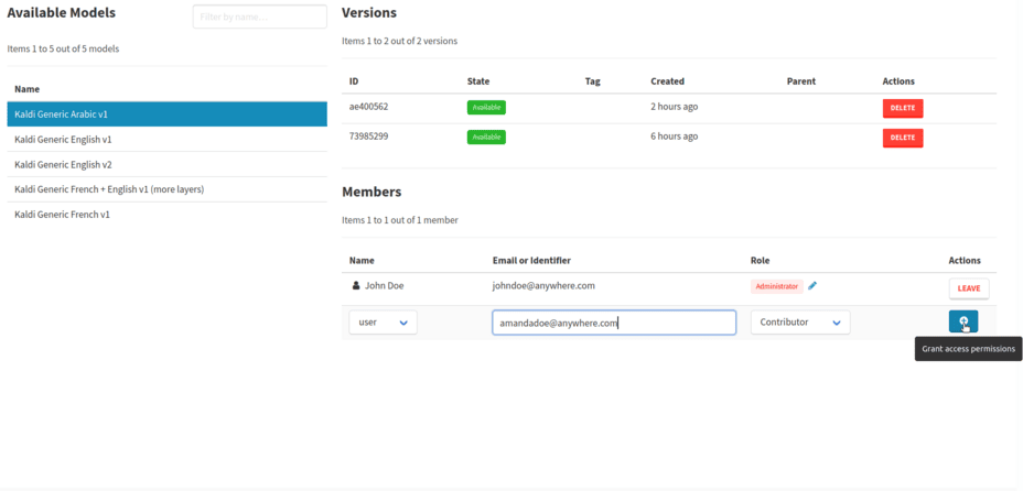 Models management page
