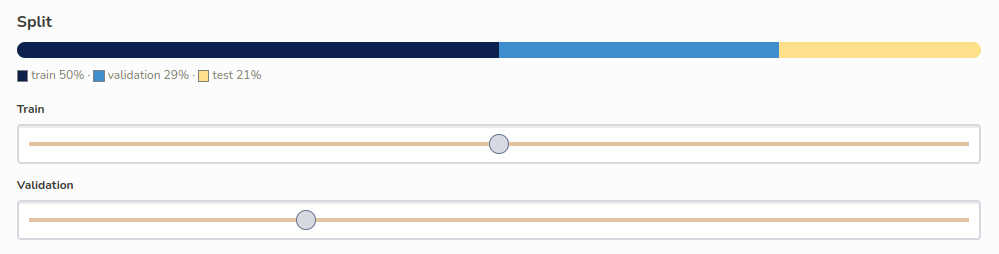 Two range sliders setting the train and validation shares of a dataset split