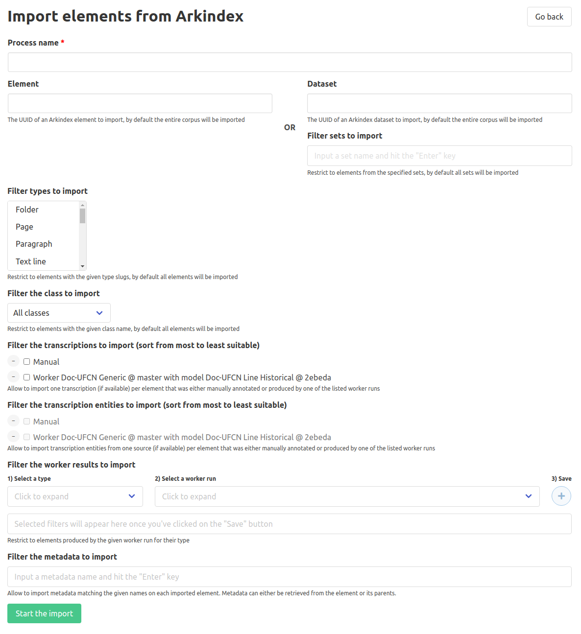 Form to import elements from Arkindex