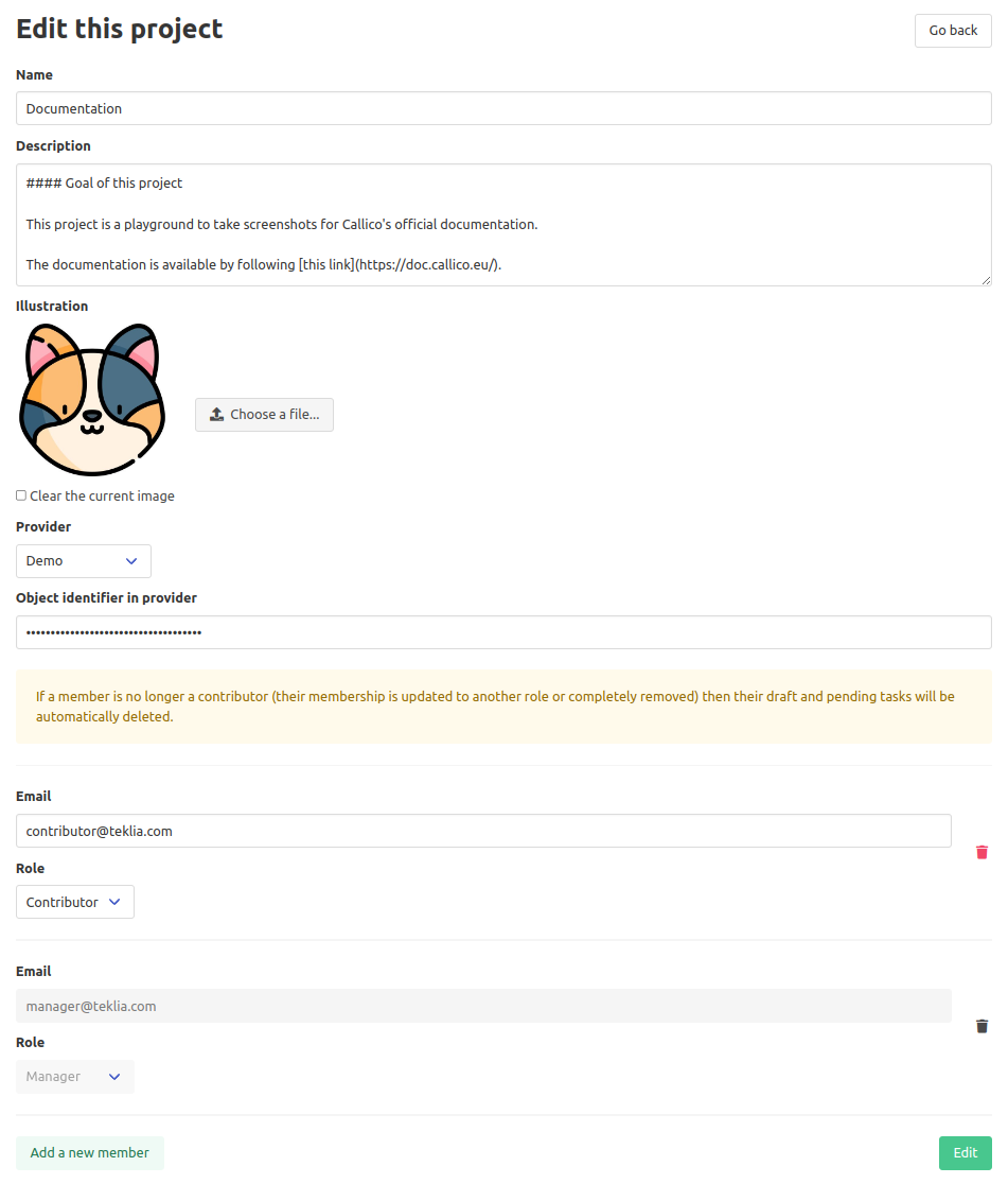 Project edit page
