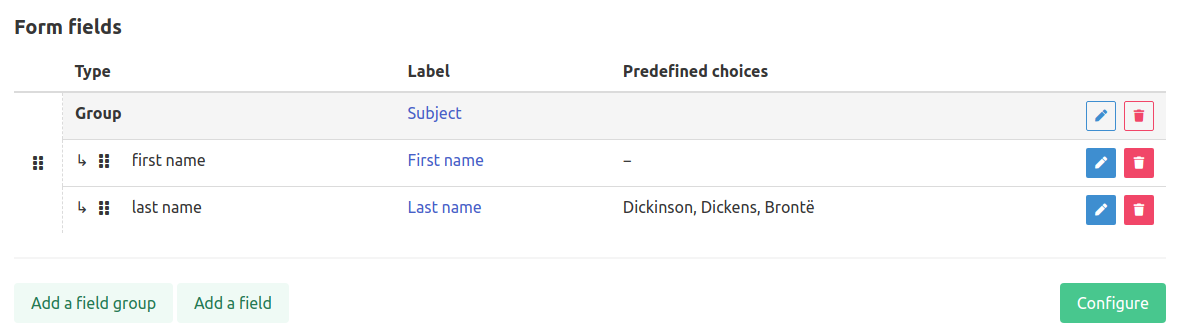 Form fields table with a group