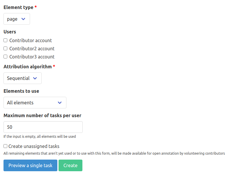 Form for the creation of tasks